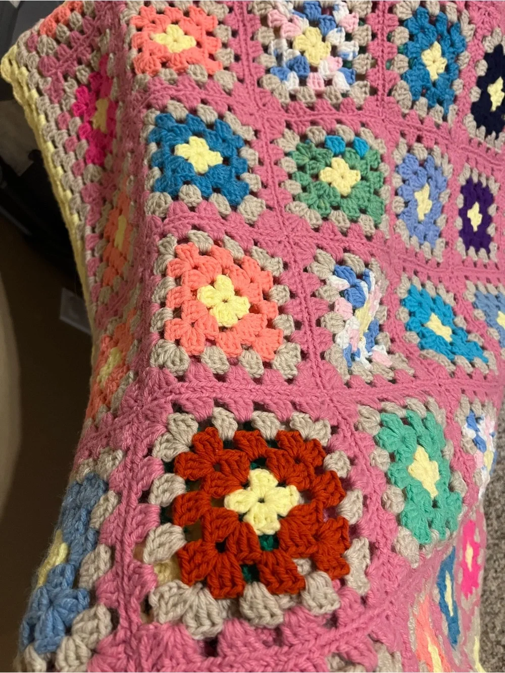 Handmade Pink Multicolor Granny Square Crochet Blanket